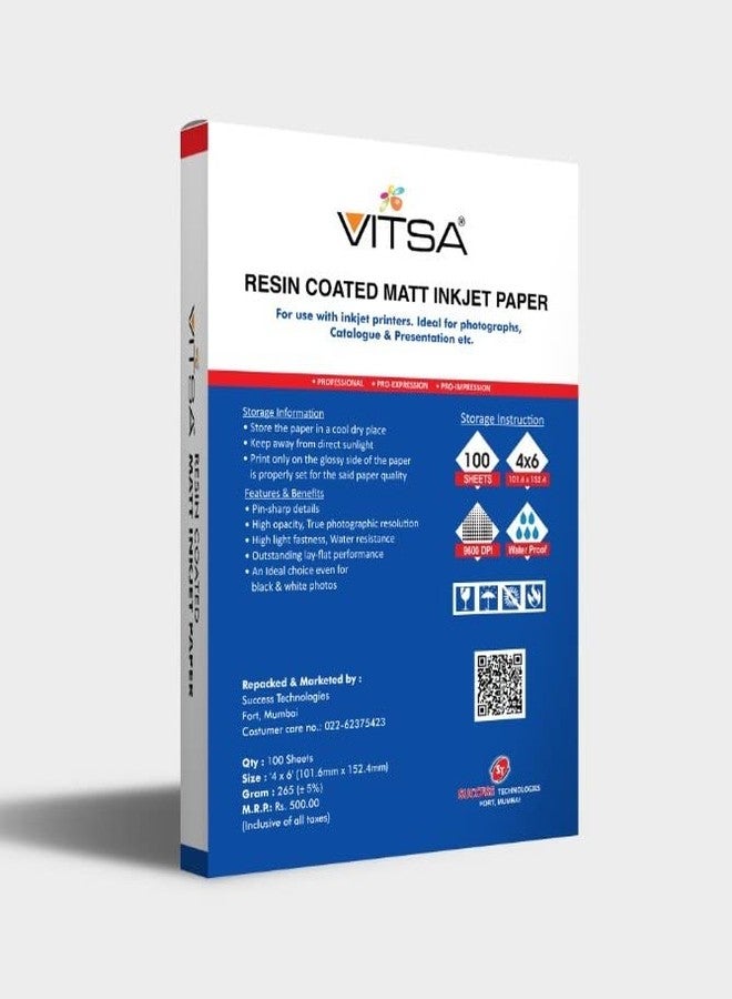 VITSA 265 GSM RC (Resin Coated) Water Proof Instant Dry Luster Inkjet Photo Paper 4x6 Size (102mmx152mm) (4 X 6), Matte Finish) (100 SHEET) (4X6 SIZE PAPER) - Image 2