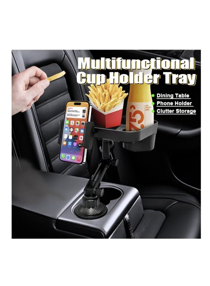 Denx Car Cup Holder Tray, Adjustable Food Table Tray for Car with 360° Rotatable Phone Holder, Extra Beverage, Cup Holder, Stability Road Trip Car Travel Essentials - Image 2