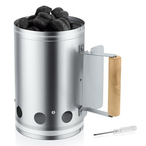 Leonyo Charcoal Chimney Starter Heavy Duty BBQ Chimney Starter Perfect for Charcoal Grill and BBQ Sturdy and Easy to Use BBQ Grill Tool for Rapid Fire Starter Heat Resistant Wooden Handle Silver - Image 1