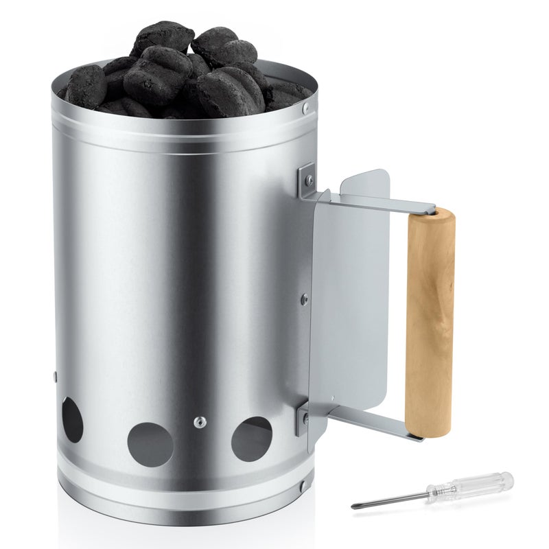 Leonyo Charcoal Chimney Starter Heavy Duty BBQ Chimney Starter Perfect for Charcoal Grill and BBQ Sturdy and Easy to Use BBQ Grill Tool for Rapid Fire Starter Heat Resistant Wooden Handle Silver - Image 2