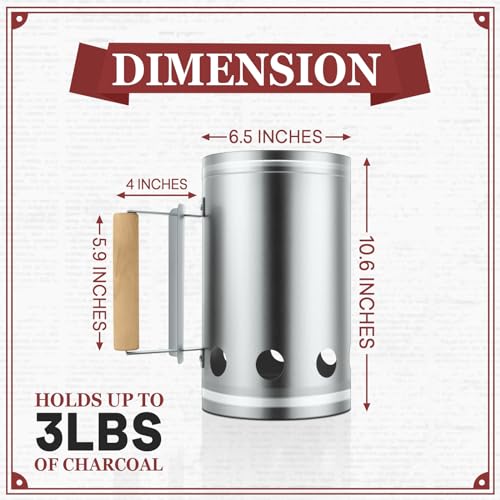 Leonyo Charcoal Chimney Starter Heavy Duty BBQ Chimney Starter Perfect for Charcoal Grill and BBQ Sturdy and Easy to Use BBQ Grill Tool for Rapid Fire Starter Heat Resistant Wooden Handle Silver - Image 3