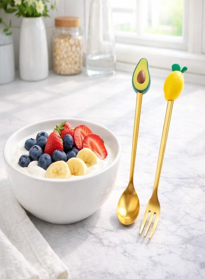 Teraabliss Premium Gold Plated Stainless Steel Spoon & Fork Set (4 Pieces) with Cute Fruit & Decorative Handles (Avacado) - Image 3