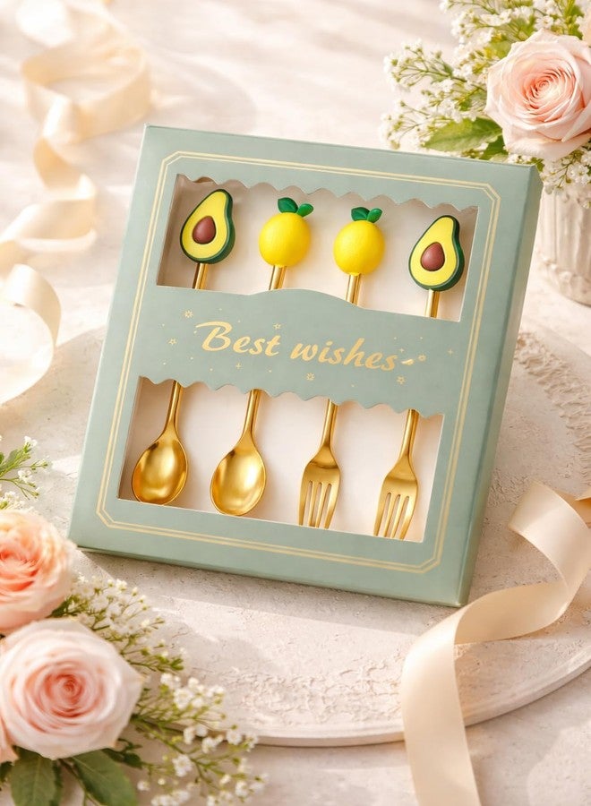 Teraabliss Premium Gold Plated Stainless Steel Spoon & Fork Set (4 Pieces) with Cute Fruit & Decorative Handles (Avacado) - Image 4
