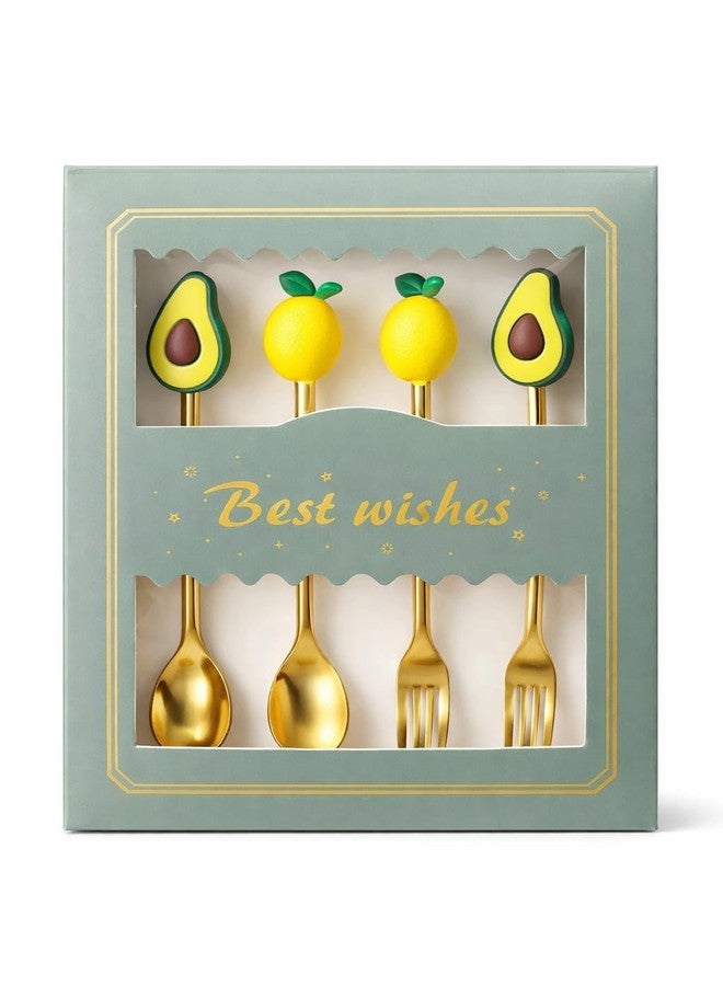 Teraabliss Premium Gold Plated Stainless Steel Spoon & Fork Set (4 Pieces) with Cute Fruit & Decorative Handles (Avacado) - Image 1
