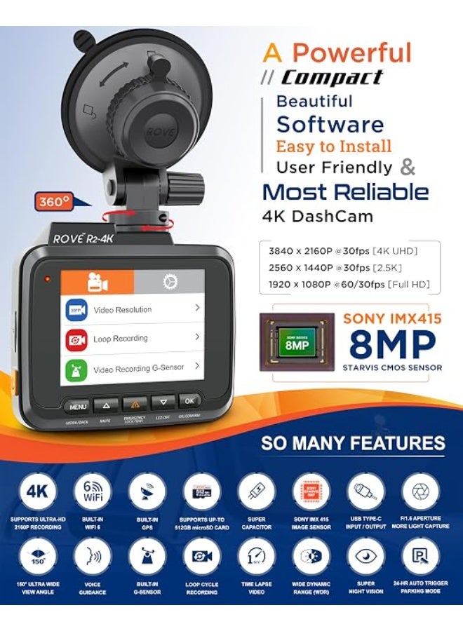 ROVE R2-4K Dash Cam Built in WiFi GPS Car Dashboard Camera Recorder - Image 2