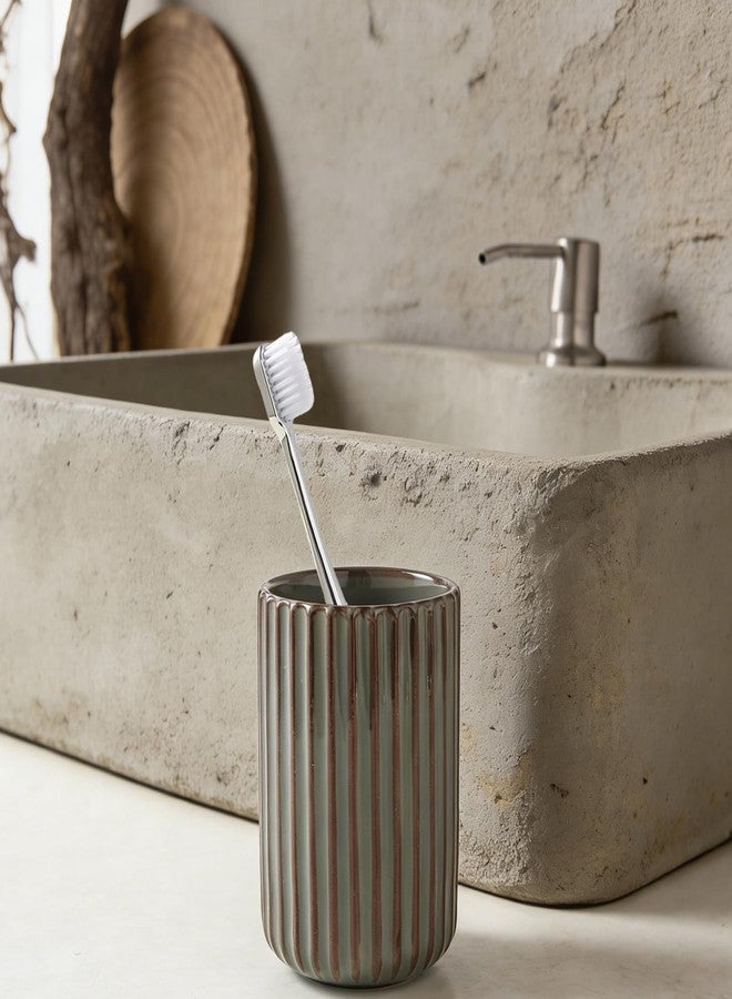 LILITURF Ceramic Toothbrush Cup for Bathroom, Ceramic Toothbrush Holder, Toothpaste Organizer for Bathroom Countertop, Bathroom Storage Organizer, Kiln Transformation Cup (Greenish Gray) - Image 2