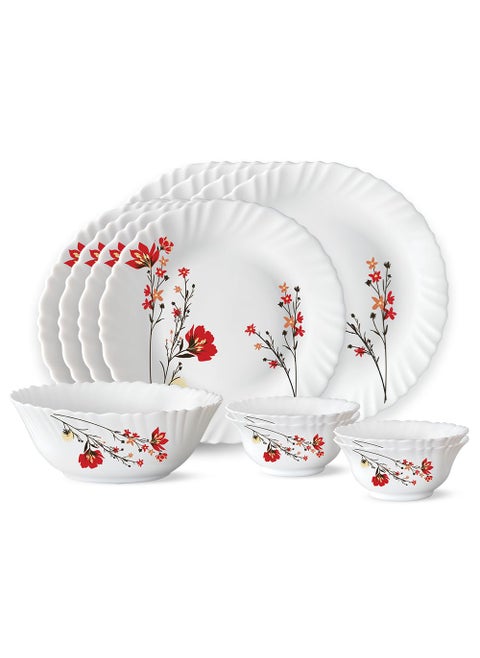 Larah by Borosil Fluted Series Chrys Red Opalware Dinner Set | 13 Piece for Family of 4 | Microwave & Dishwasher Safe | Bone-Ash Free | Crockery Set for Dining & Gifting | Plates & Bowls | White