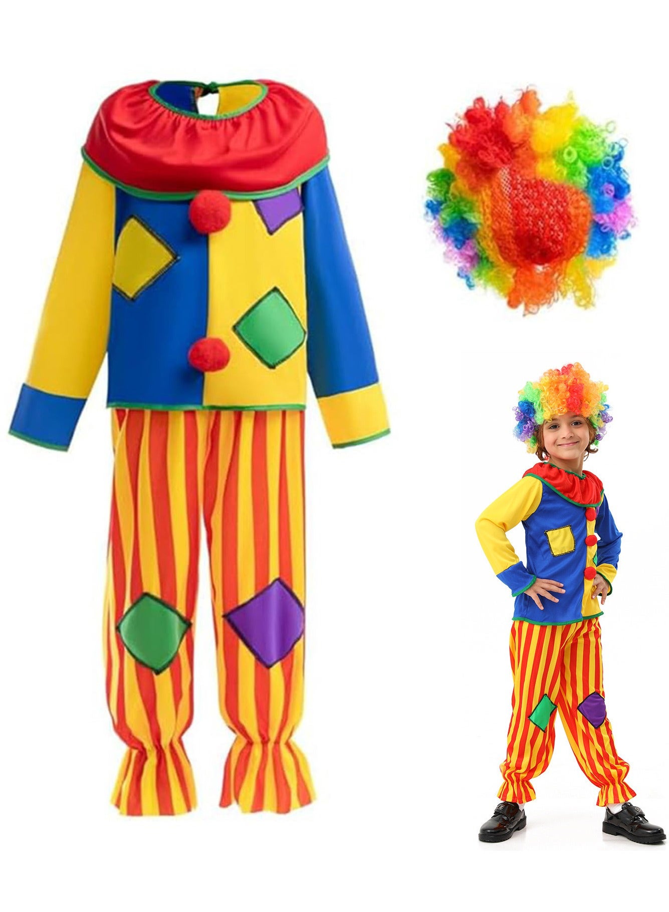 Clown Costume for Kids Halloween Cosplay Clown Costumes Set with Wig Boys Girls Circus Costume Quick Dress Up Outfits for Halloween Party Carnival Performance Cosplay