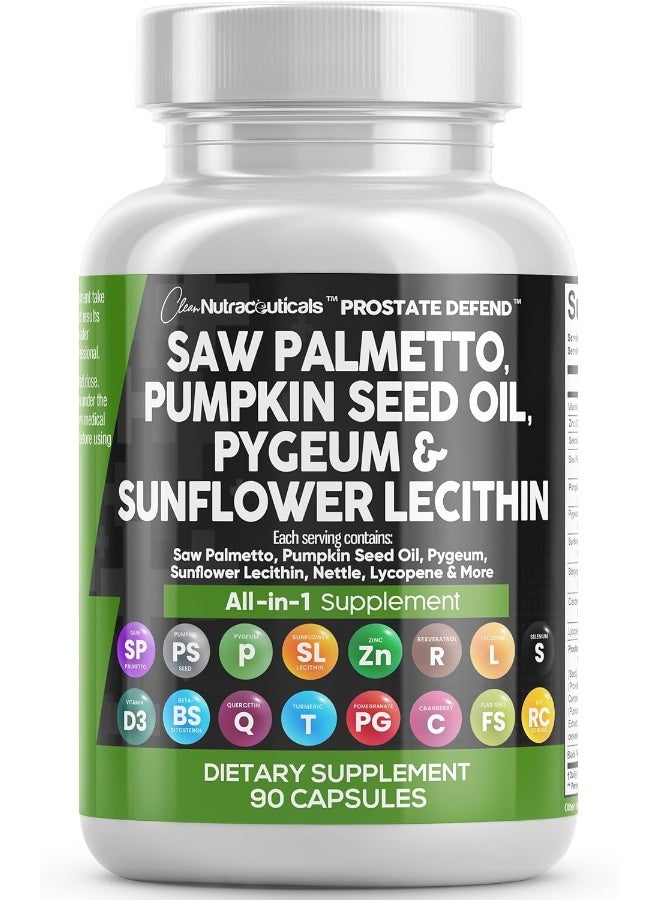 Clean Nutraceuticals Saw Palmetto 10000mg Pumpkin Seed Oil 3000mg Pygeum 3000mg Sunflower Lecithin 3000mg Stinging Nettle Cranberry - Prostate Supplements for Men with Lycopene - 90 Caps - Image 1