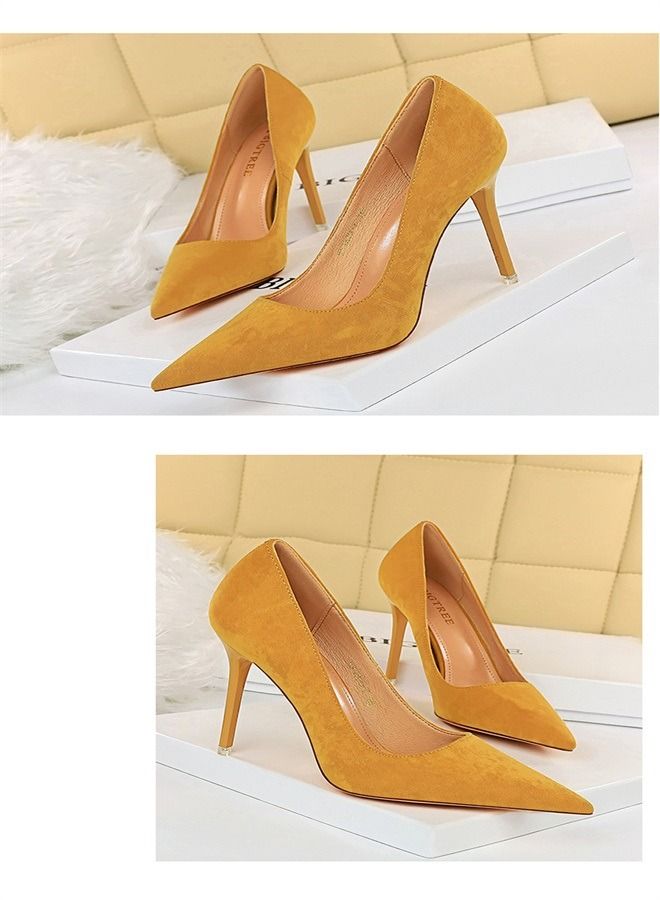BIGTREE Suede Shallow Pointed High Heels 10.5CM Yellow - Image 3