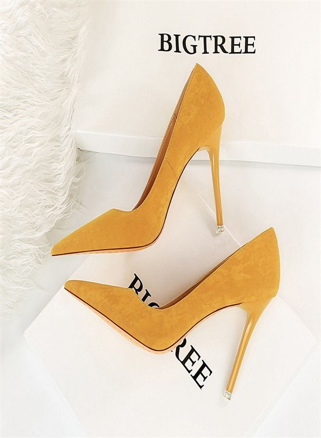 BIGTREE Suede Shallow Pointed High Heels 10.5CM Yellow - Image 1