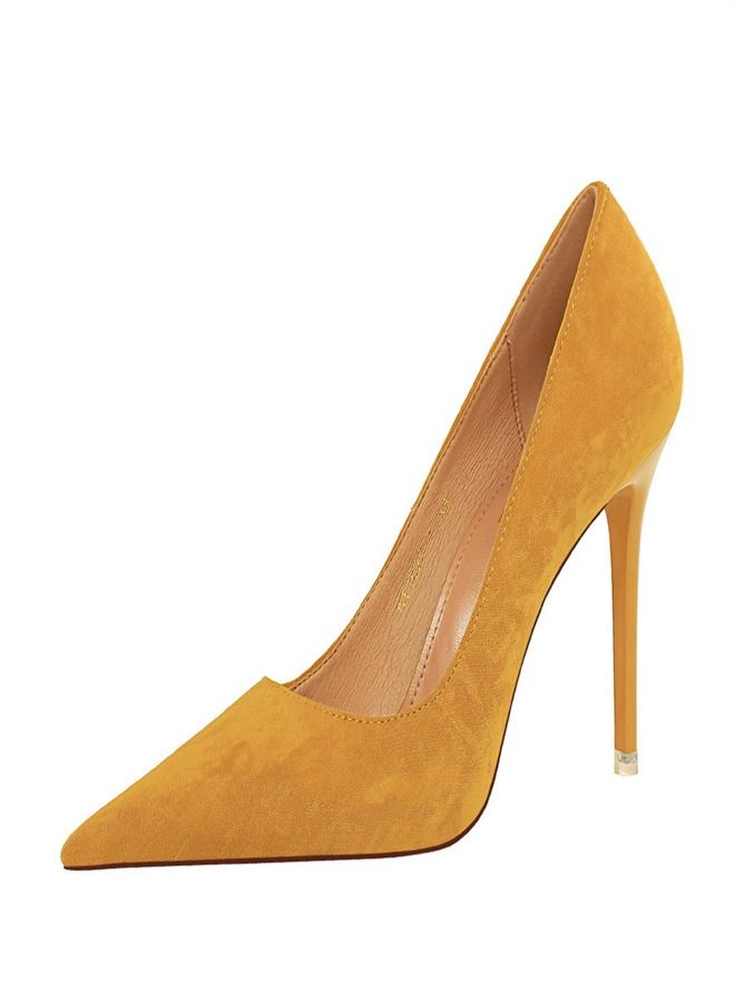 BIGTREE Suede Shallow Pointed High Heels 10.5CM Yellow - Image 2