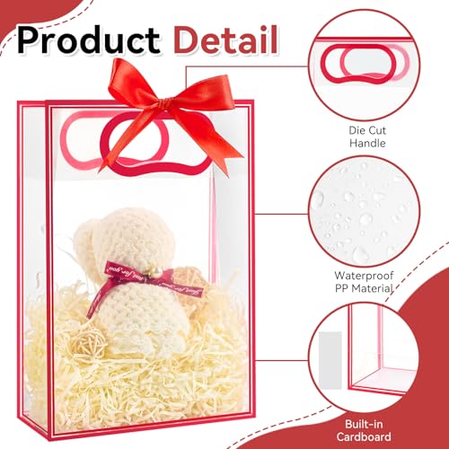 Ohuimrt 12 Pack Clear Plastic Gift Bags with Handles, Reusable Party Favor Bags with Ribbon for Birthday, Wedding, Bachelorette Party, 10.2 x 7.1 x 3.1 Inch (Red) - Image 3