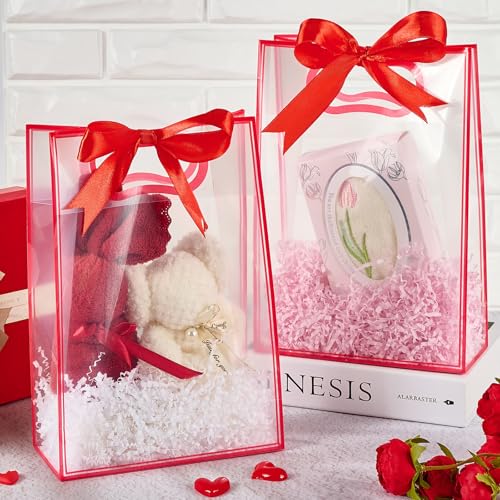 Ohuimrt 12 Pack Clear Plastic Gift Bags with Handles, Reusable Party Favor Bags with Ribbon for Birthday, Wedding, Bachelorette Party, 10.2 x 7.1 x 3.1 Inch (Red) - Image 5
