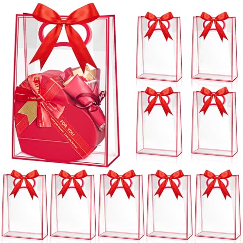 Ohuimrt 12 Pack Clear Plastic Gift Bags with Handles, Reusable Party Favor Bags with Ribbon for Birthday, Wedding, Bachelorette Party, 10.2 x 7.1 x 3.1 Inch (Red) - Image 1