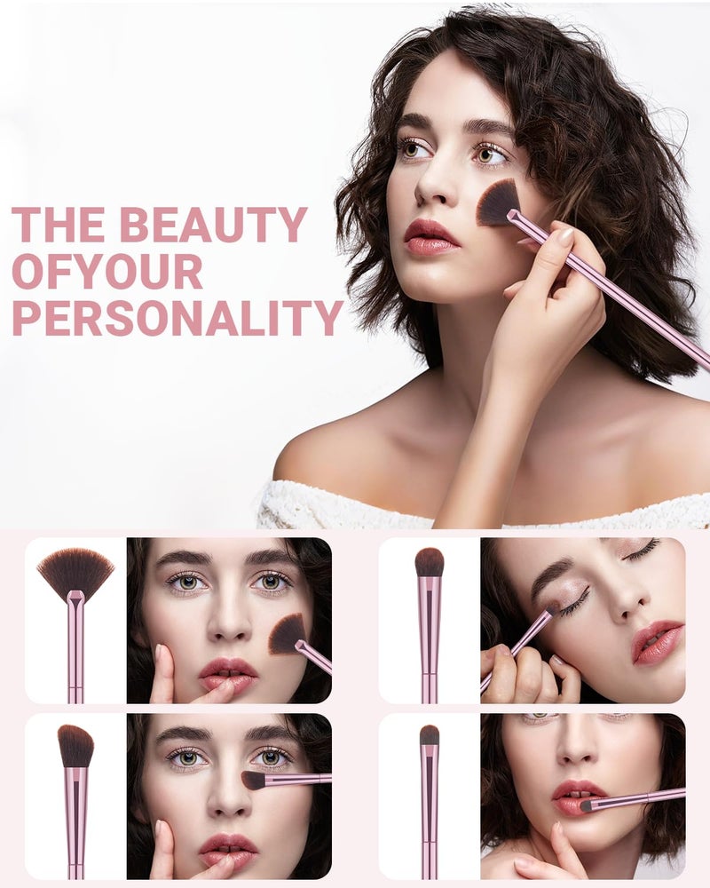 COYKROU 8Pcs Makeup Brushes Set Premium Eyeshadow Brush Professional Angled Eyebrow Brush Lip Brush Eyeshadow Brush Set With 3Pcs Powder Puffs and Pink Case 12 in 1 - Image 4