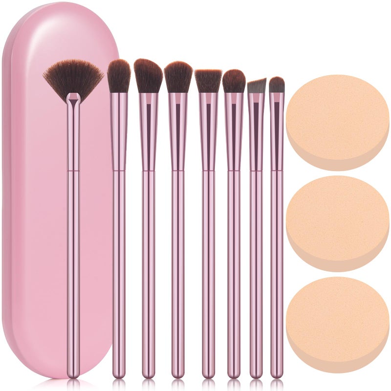 COYKROU 8Pcs Makeup Brushes Set Premium Eyeshadow Brush Professional Angled Eyebrow Brush Lip Brush Eyeshadow Brush Set With 3Pcs Powder Puffs and Pink Case 12 in 1 - Image 1