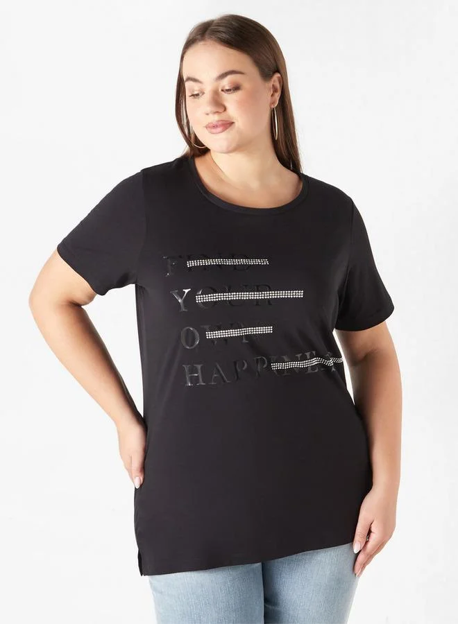 Ulla Popken Plus Size Ulla Popken Printed T-shirt with Round Neck and Short Sleeves