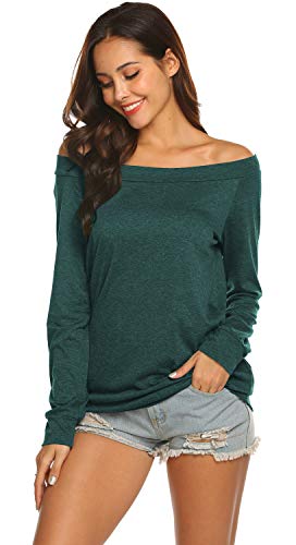 Halife Womens Tops Long Sleeve T Shirt Off the Shoulder Blouse Green S - Image 3