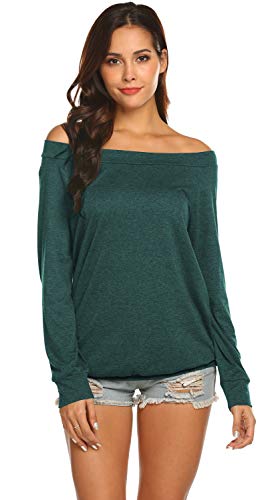 Halife Womens Tops Long Sleeve T Shirt Off the Shoulder Blouse Green S - Image 2