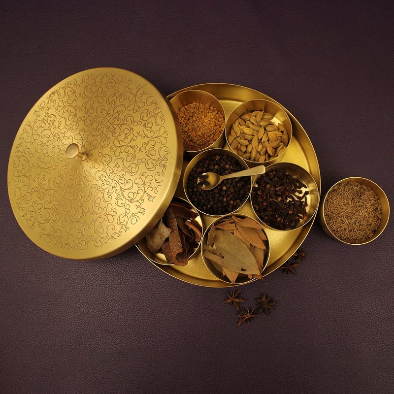 Spillbox Handcrafted Pure Brass Engraved design Spice Box Set For Kitchen With SpoonBrass Masala BoxMasala DaniMasala Dabba Spice Container - Image 1