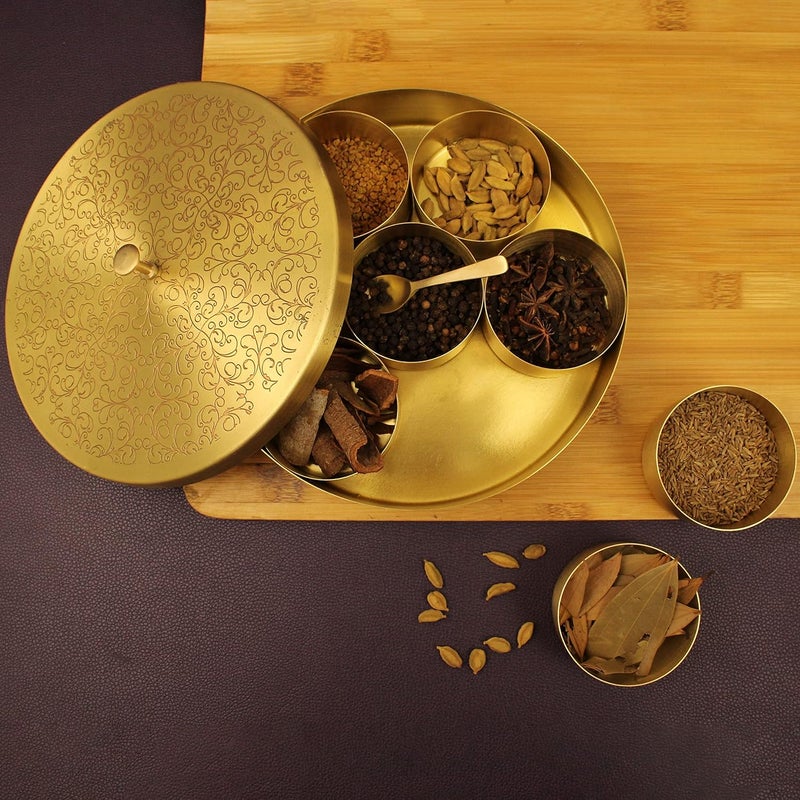 Spillbox Handcrafted Pure Brass Engraved design Spice Box Set For Kitchen With SpoonBrass Masala BoxMasala DaniMasala Dabba Spice Container - Image 2