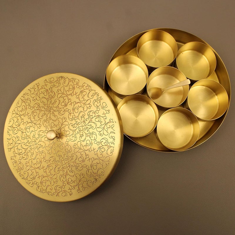 Spillbox Handcrafted Pure Brass Engraved design Spice Box Set For Kitchen With SpoonBrass Masala BoxMasala DaniMasala Dabba Spice Container - Image 3