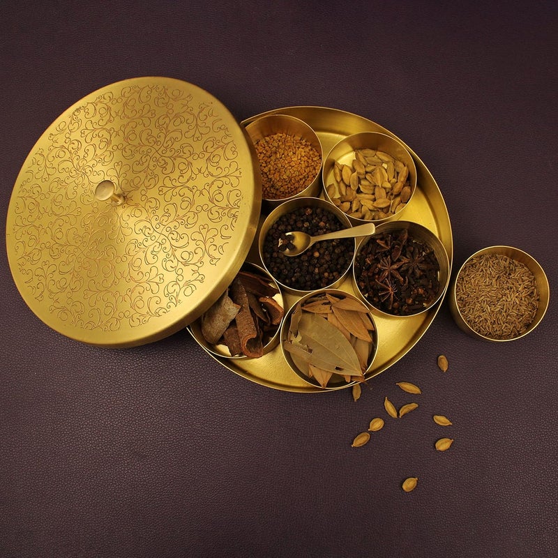 Spillbox Handcrafted Pure Brass Engraved design Spice Box Set For Kitchen With SpoonBrass Masala BoxMasala DaniMasala Dabba Spice Container - Image 4