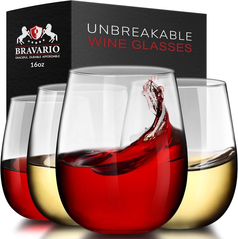 Bravario Unbreakable Stemless Plastic Wine Glasses | Reusable | Shatterproof 100% Tritan Plastic | Dishwasher-Safe | BPA-free | Awesome for Indoor & Outdoor | 16 oz, Set of 4 - Image 1