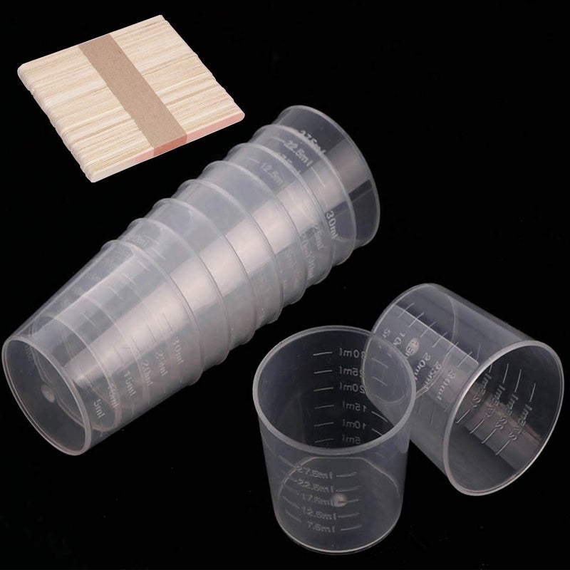 100 Pack 1oz30ml Plastic Graduated Cups Transparent Scale Cups with 50 Pack Wooden Stirring Sticks for Mixing Paint Stain Epoxy Resin