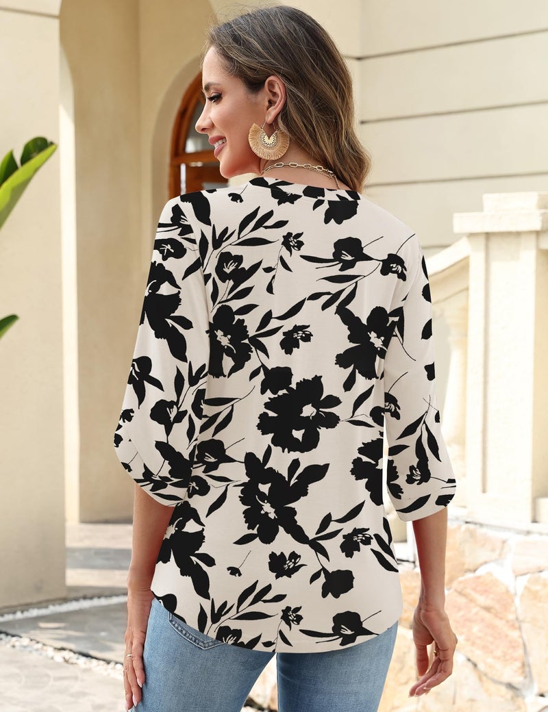 Kistore Plus Size Women Blouses Dressy Business Casual V Neck Flowy 3/4 Length Sleeve Tops Apricot Black Flowers XXL - Image 4