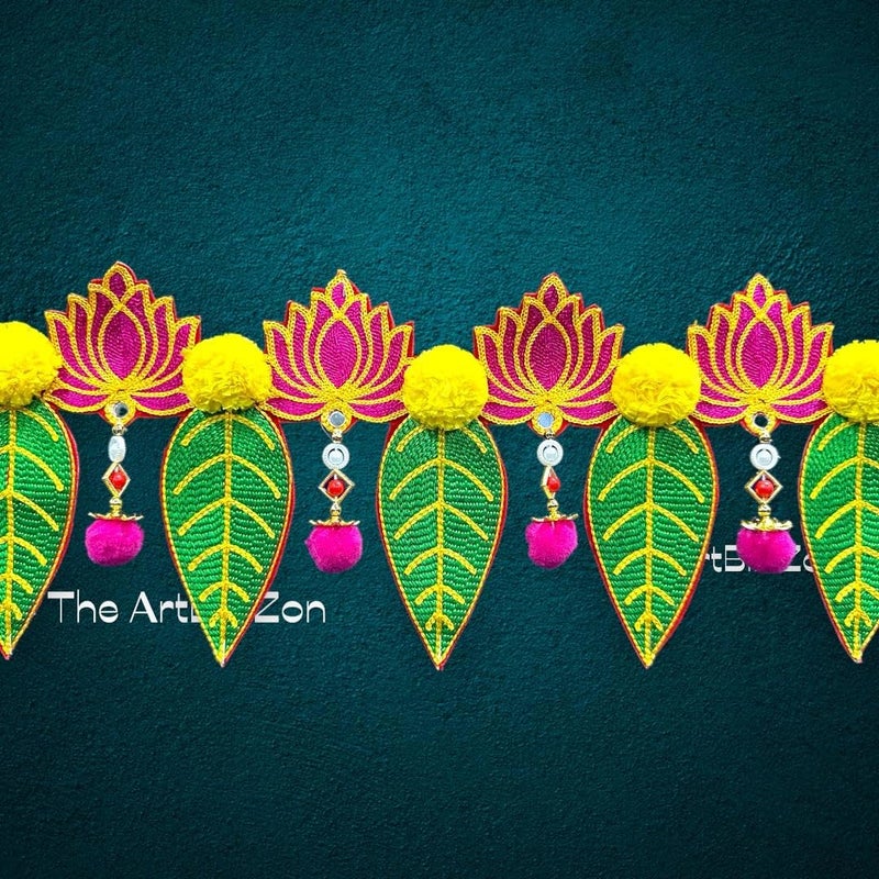 The ArtBlleZon The ArtBllZon Artificial Marigold Flower and Lotus Toran with Beads Hanging toran for Home Door Decoration 1 