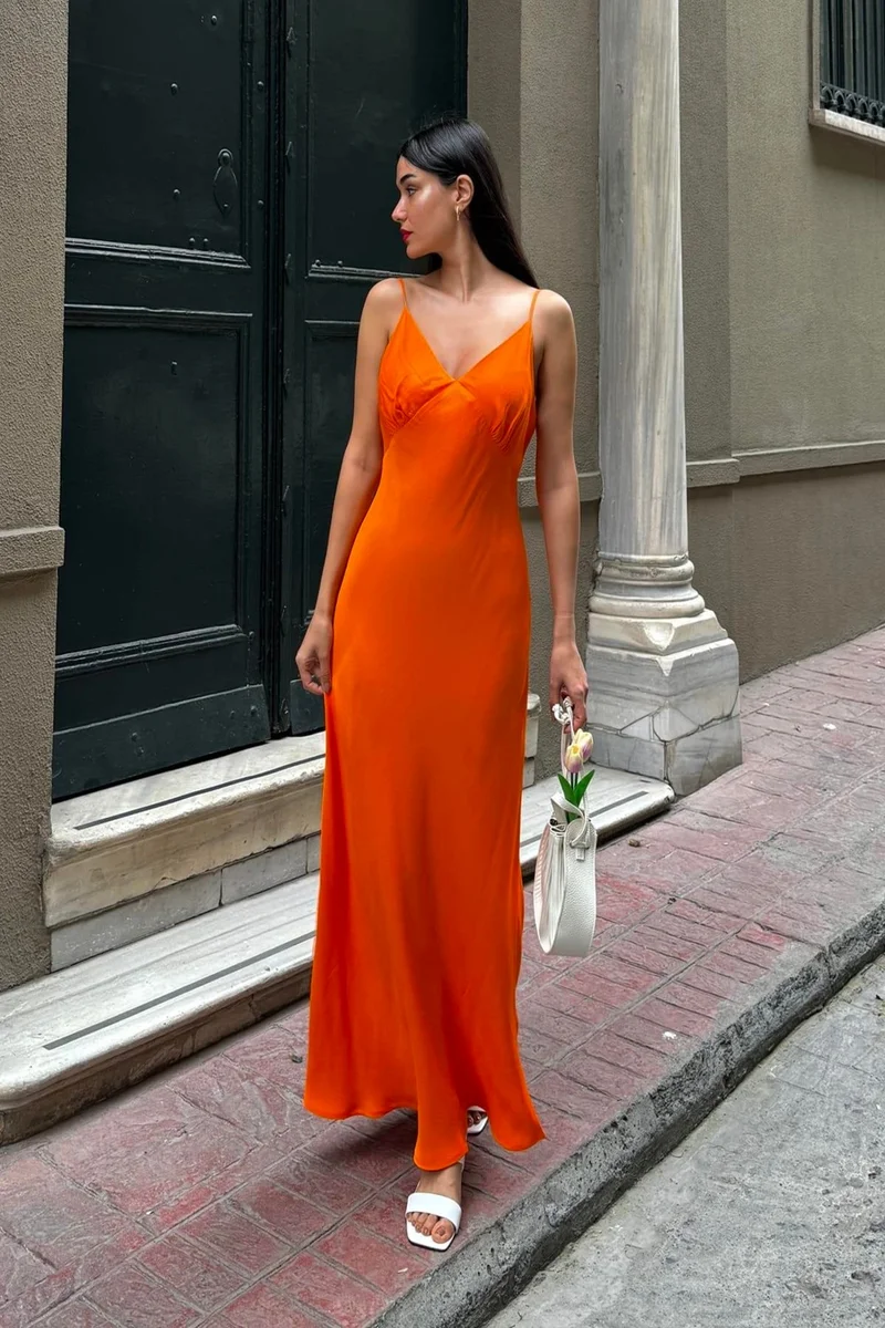 For You Moda Natural Viscose Strapless Chest Gathered Long Orange Dress
