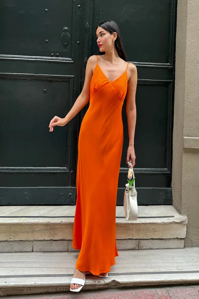 For You Moda Natural Viscose Strapless Chest Gathered Long Orange Dress