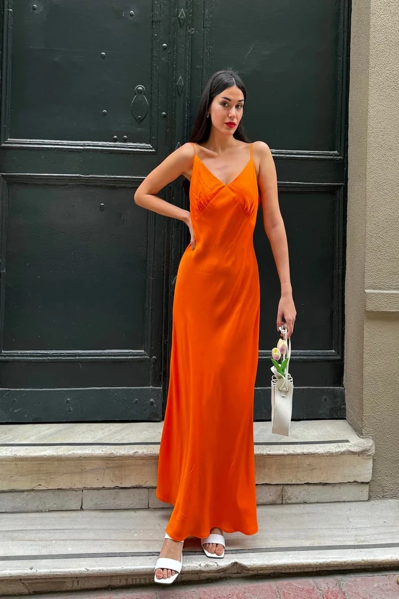 For You Moda Natural Viscose Strapless Chest Gathered Long Orange Dress