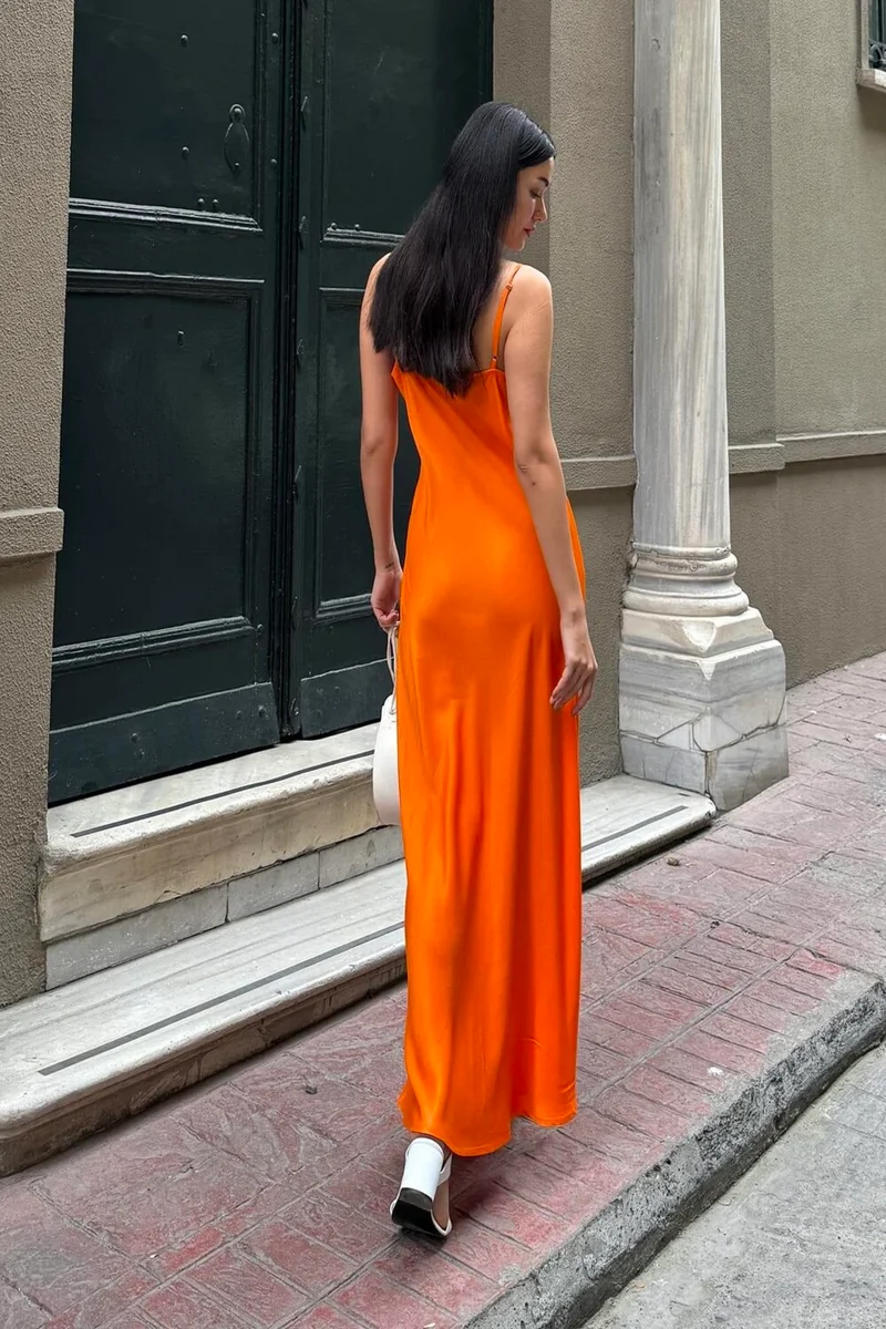 For You Moda Natural Viscose Strapless Chest Gathered Long Orange Dress