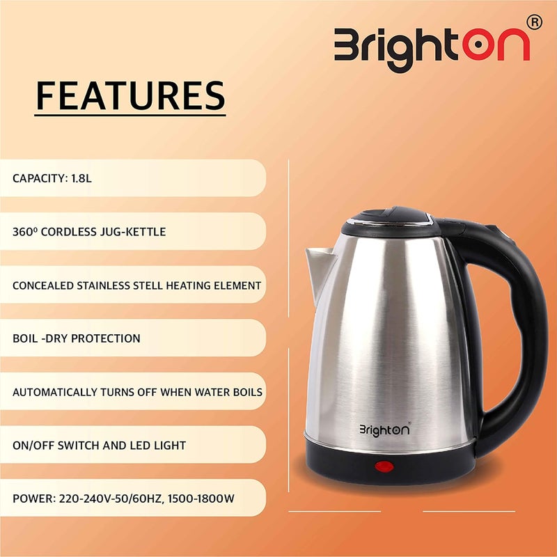 Brighton 1.8L Electric Kettle with Stainless Steel Body | Fast Boil | Auto Shut-Off | Cool Touch Handle | Boil Dry Protection | Easy Cleaning | 2-Year Warranty - Image 3