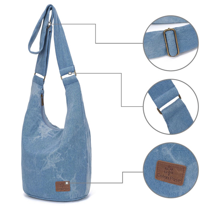 Coton Pose Women's large capacity Hippie Crossbody Bag Top Zip Large Size Canvas Sling Bag Jacquard cloth Handmade Bags (Denim Blue) - Image 3