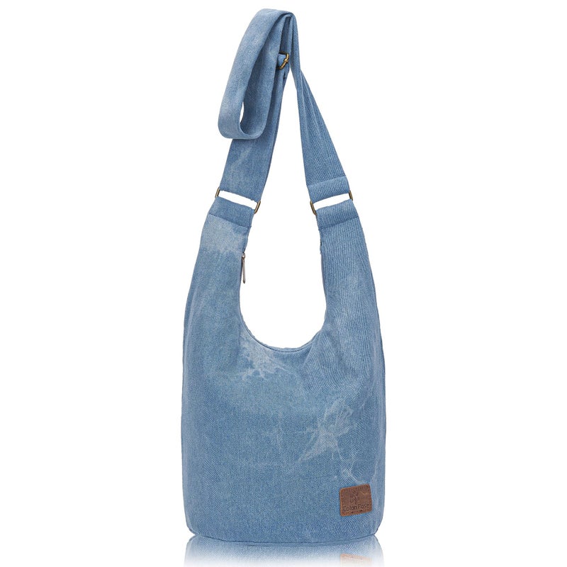 Coton Pose Women's large capacity Hippie Crossbody Bag Top Zip Large Size Canvas Sling Bag Jacquard cloth Handmade Bags (Denim Blue) - Image 1