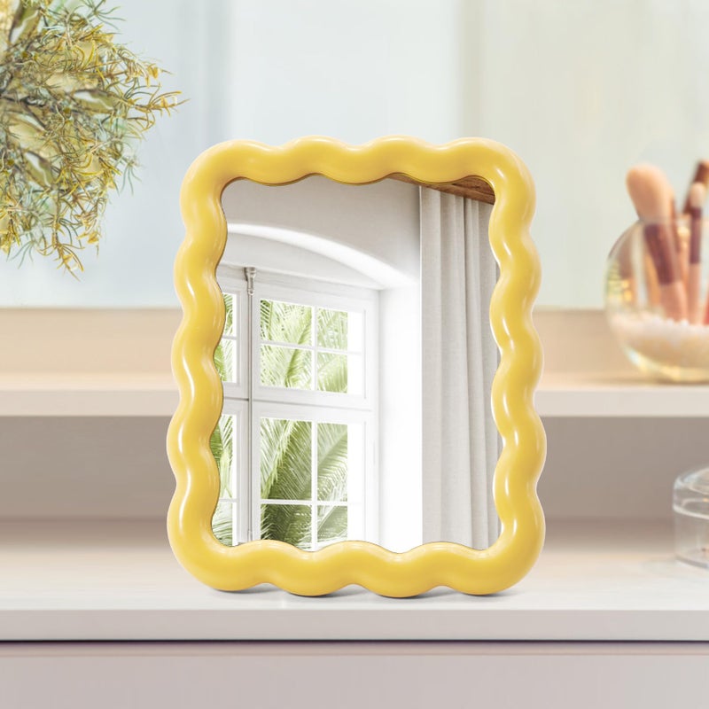 Philbinden Cute Wave-Shaped Desk Vanity Makeup Mirror, Portable Folding Travel Make Up Mirror for Standing/Hanging, Home Decorations Mirror for Women Girls (1, Yellow) - Image 1