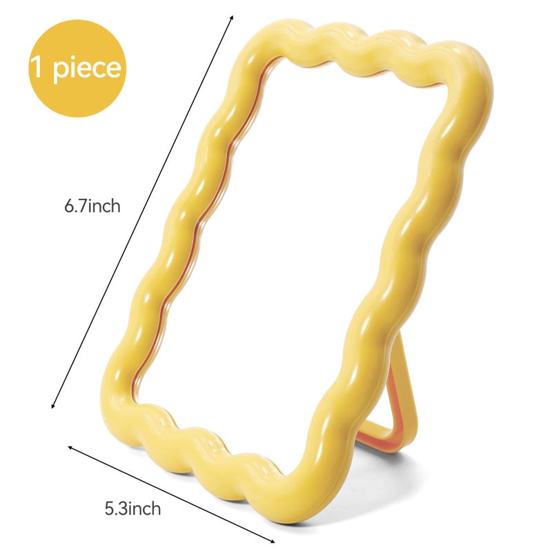 Philbinden Cute Wave-Shaped Desk Vanity Makeup Mirror, Portable Folding Travel Make Up Mirror for Standing/Hanging, Home Decorations Mirror for Women Girls (1, Yellow) - Image 2