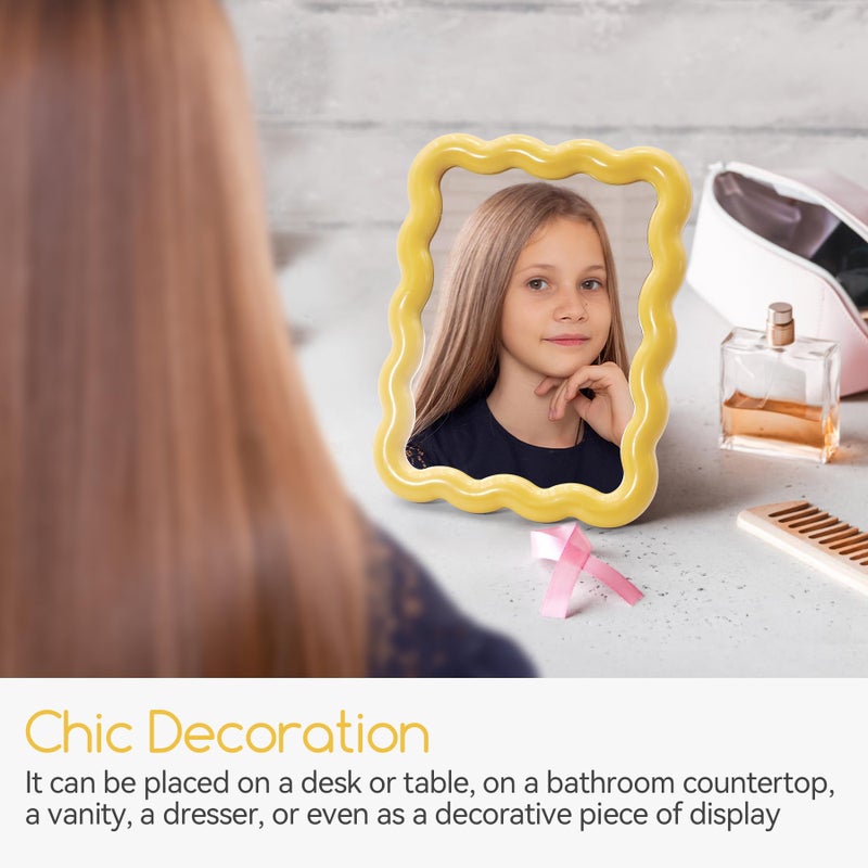 Philbinden Cute Wave-Shaped Desk Vanity Makeup Mirror, Portable Folding Travel Make Up Mirror for Standing/Hanging, Home Decorations Mirror for Women Girls (1, Yellow) - Image 5