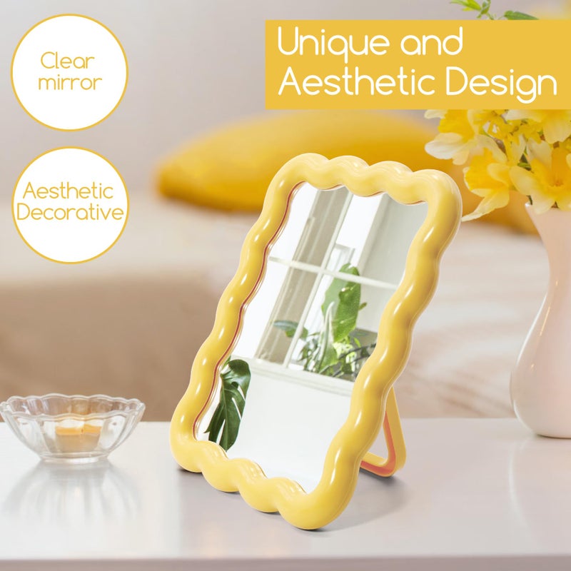 Philbinden Cute Wave-Shaped Desk Vanity Makeup Mirror, Portable Folding Travel Make Up Mirror for Standing/Hanging, Home Decorations Mirror for Women Girls (1, Yellow) - Image 4