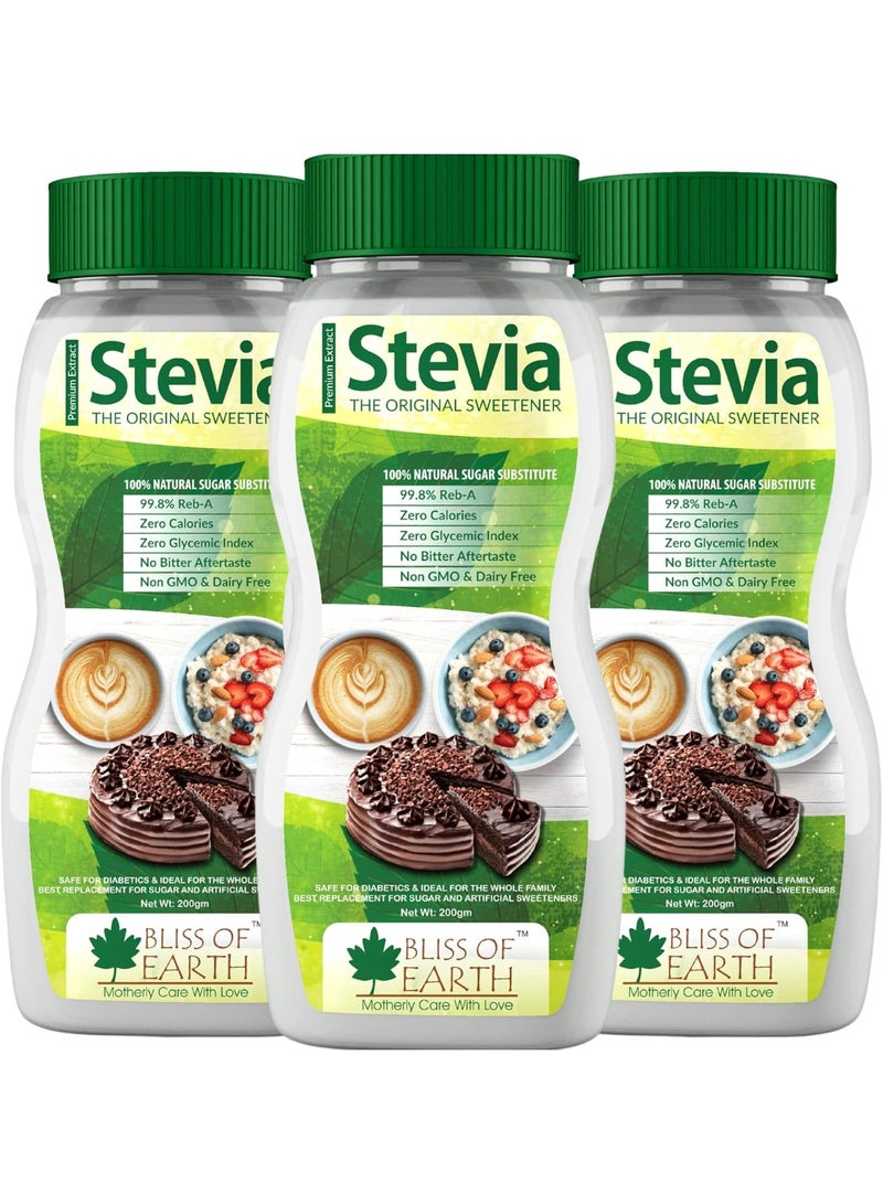 BLISS OF EARTH 99.8% REB A Purity Stevia Powder for Diabetic Natural and Sugarfree Zero Calorie Keto Sweetener 3X200GM - Image 1