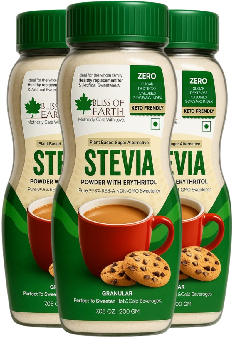بليس اوف ايرث 99.8% REB A Purity Stevia Powder لمُحلي كيتو طبيعي وخالي من السكر وخالي من السعرات الحرارية 3X200GM - Image 1