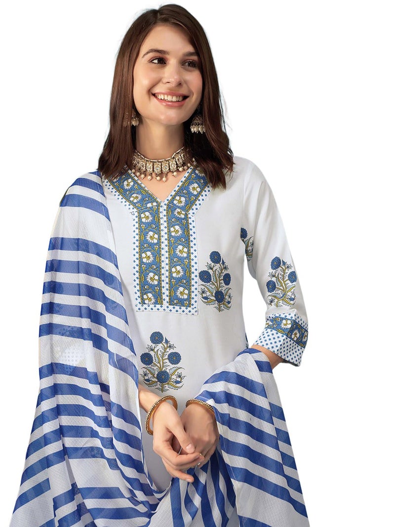 Tee Projekt Women's Cotton Blend Floral Printed Straight Kurta Pant with Dupatta Set ll V Neck Kurta Set White - Image 5
