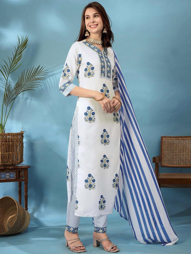 Tee Projekt Women's Cotton Blend Floral Printed Straight Kurta Pant with Dupatta Set ll V Neck Kurta Set White - Image 2