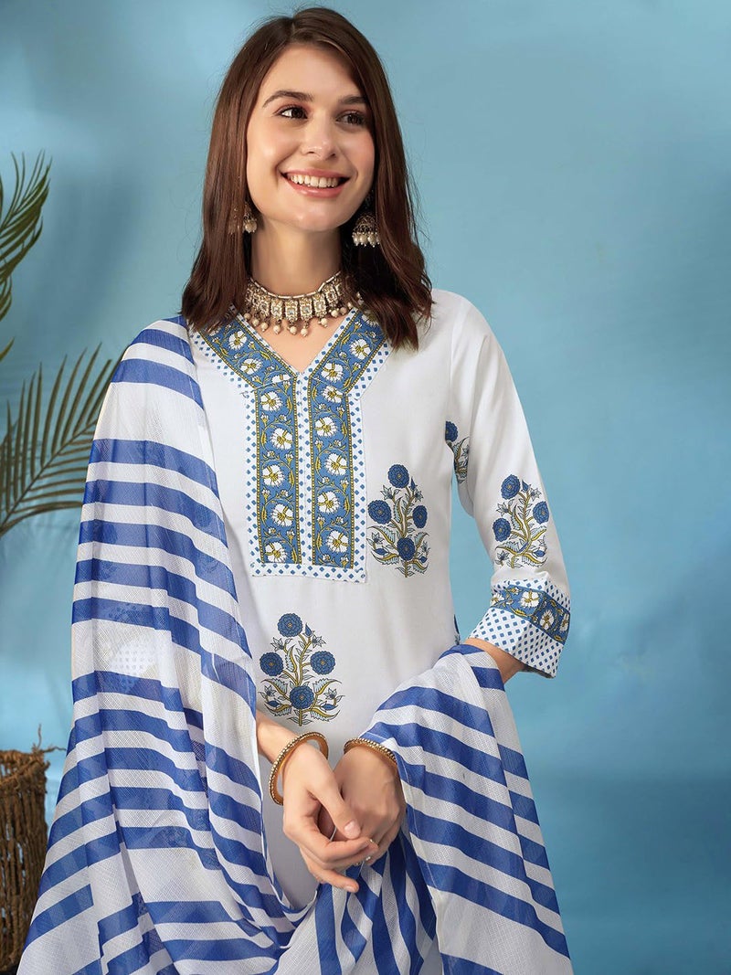 Tee Projekt Women's Cotton Blend Floral Printed Straight Kurta Pant with Dupatta Set ll V Neck Kurta Set White - Image 3