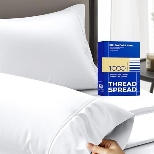THREAD SPREAD 100% Egyptian Cotton Pillow Cases - 1000 Thread Count Pillow Cases Queen/Standard Size Set of 2, Soft & Breathable Extra Long Staple Sateen Weave Cotton Pillow Covers for Bed - White - Image 1