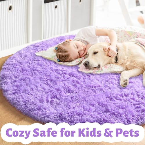 Amdrebio Purple Round Rugs 4Ft for Girls Bedroom Decor Aesthetic, Fluffy Fuzzy Circle Area Rugs for Kids Room, Soft Cute Furry Plush Shaggy Throw Lavender Carpet for Living Room, Baby Nursery, Dorm - Image 2